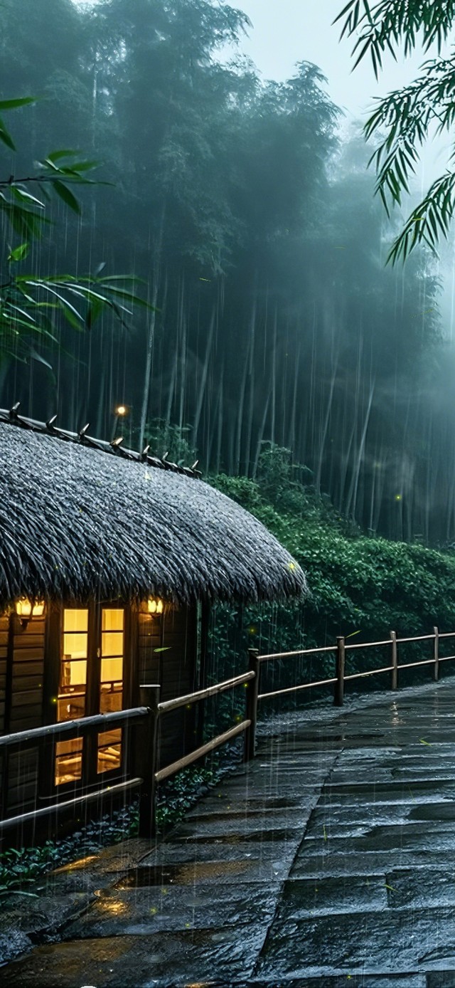 下雨竹林小屋