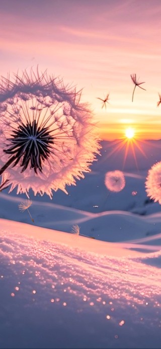 雪漠夕阳下的蒲公英