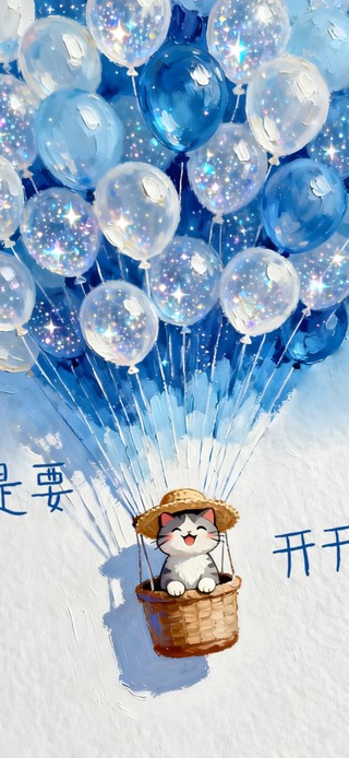 治愈油画~气球旅行的开心猫咪~