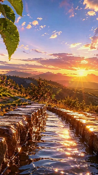 落日果林溪流唯美山间风景