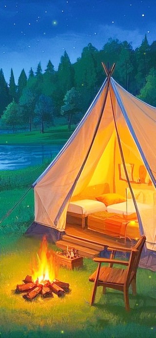夜晚河边露营