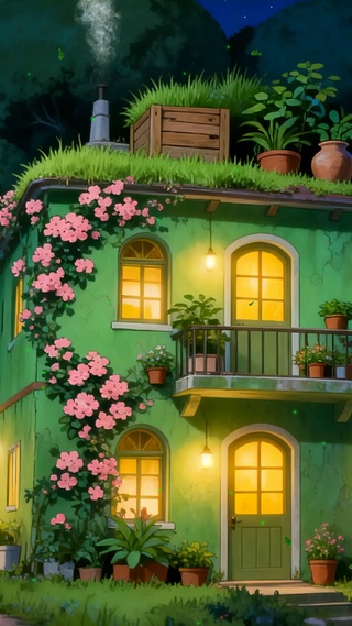 夜景树木房屋绿景