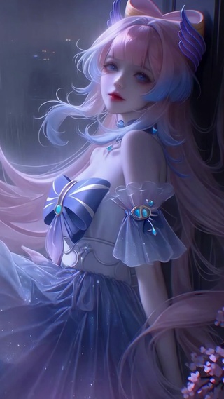 雨夜窗边蓝裙粉发美少女