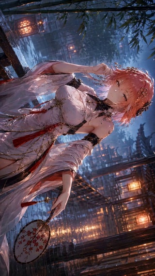 雨夜古风粉发美少女