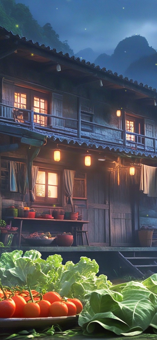 夜晚山中小木屋