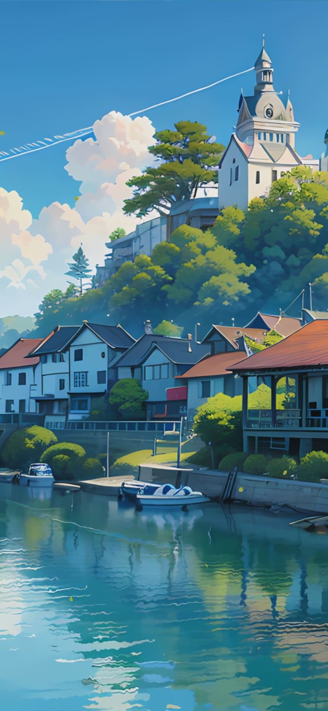 蓝天白云树木河流景色