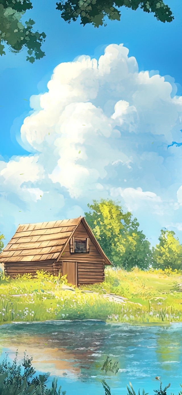 蓝天下的清新小木屋