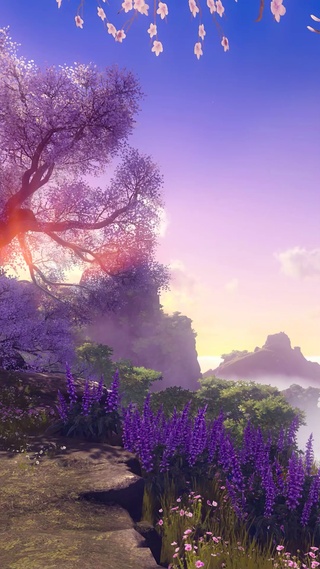 唯美古风傍晚夕阳山川云雾樱花