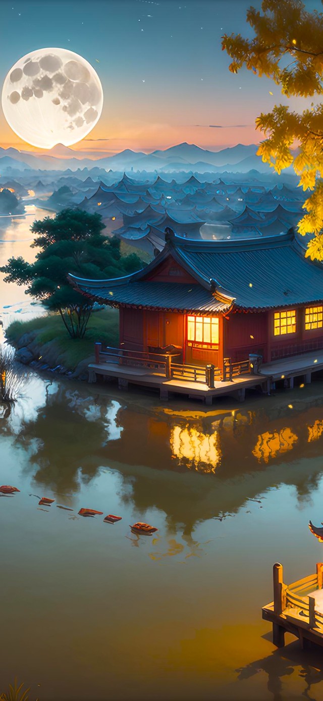 国风插画江南水乡夜晚古镇