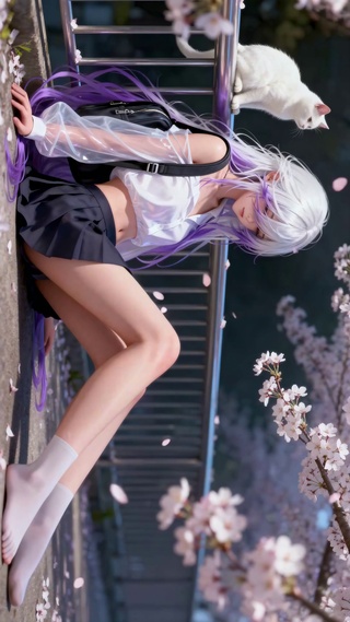樱花树白发少女与白猫的春日之约