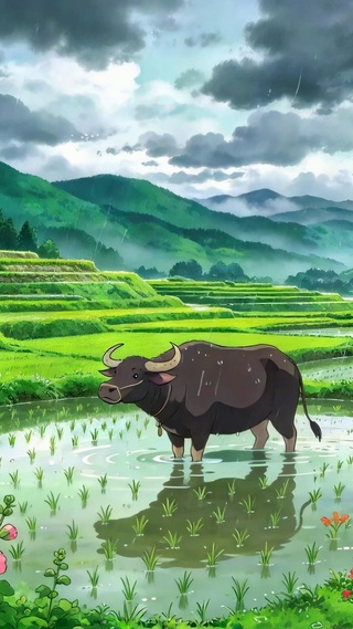 雨中梯田水牛田园风景