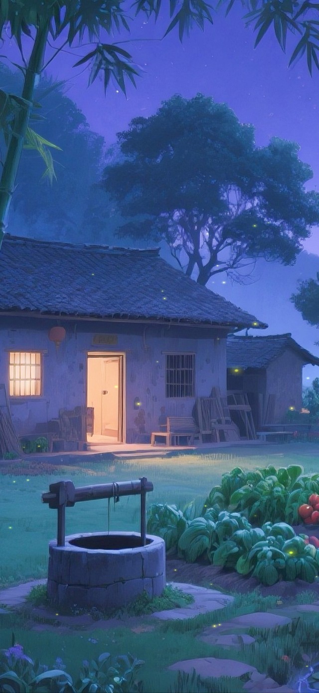 夜晚乡下温暖的家