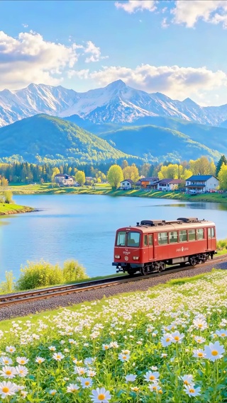 护眼乡村湖畔小火车