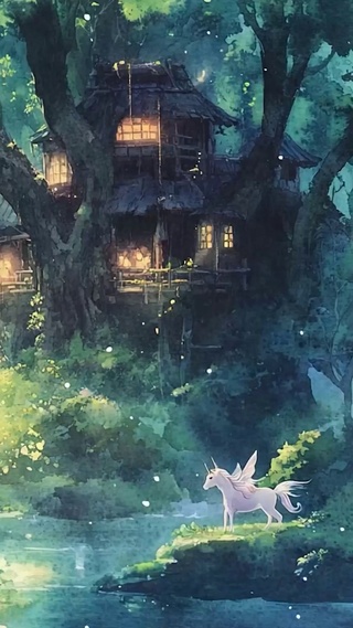 护眼绿景山中瀑布溪流