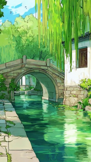 清新古风江南小桥流水风景