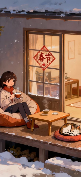 在家过新年的女孩与猫咪