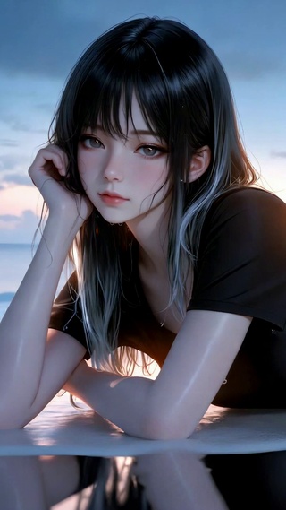 黄昏海边慵懒美女
