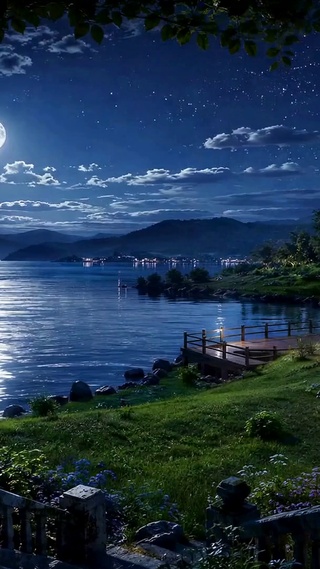 静谧月夜湖畔星空风景
