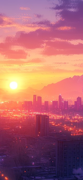 远眺紫色唯美晚霞城市