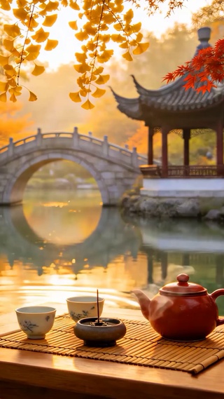 治愈园林湖边品茶