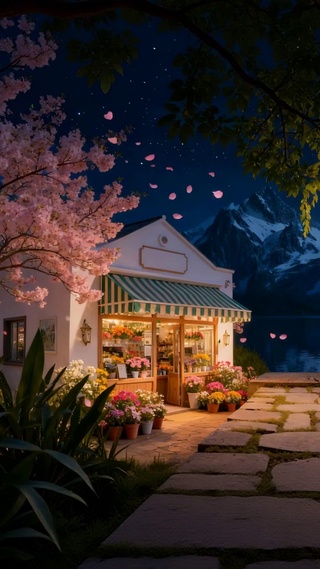 夜景樱花树木河流