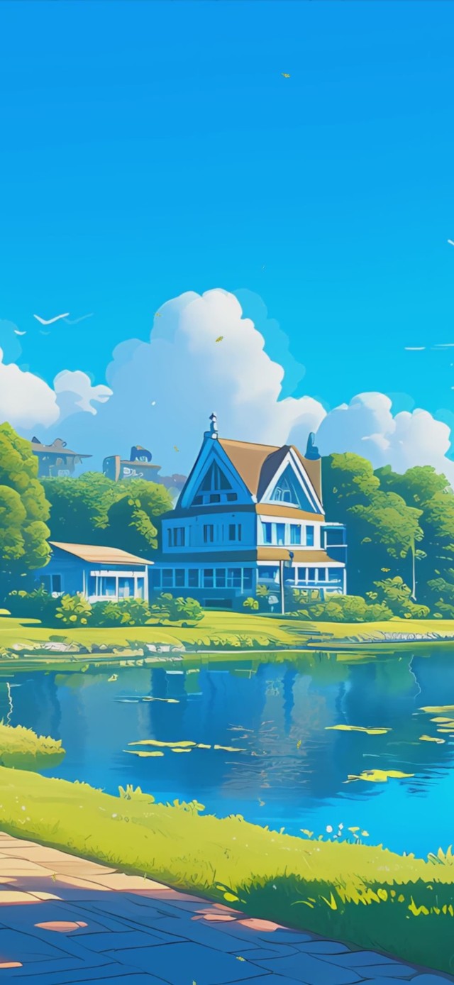 护眼蓝天白云绿景河流