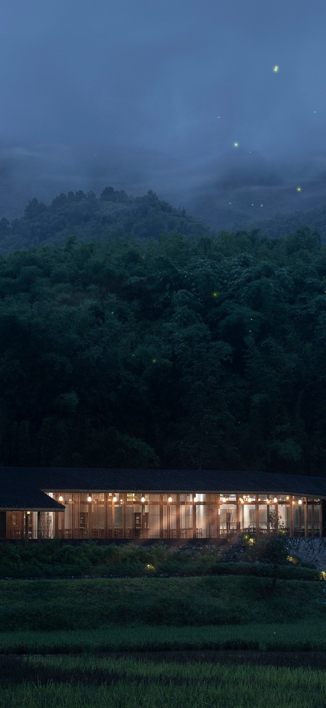 4K夜晚田园的竹林书院