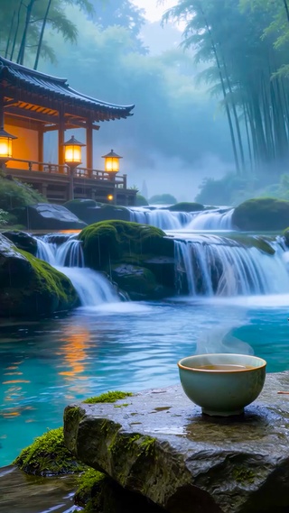 放松竹林流水木屋