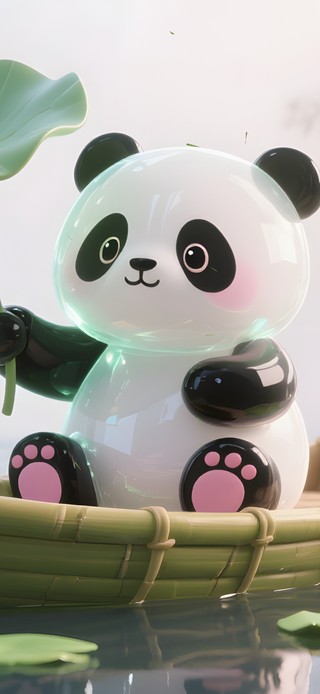 可爱竹林溪水熊猫