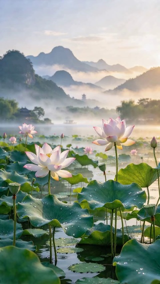 晨雾莲池远山（国风山水风景）
