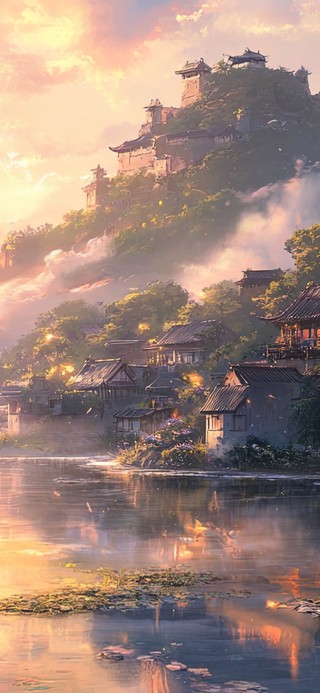 朦胧山水日出古镇美景