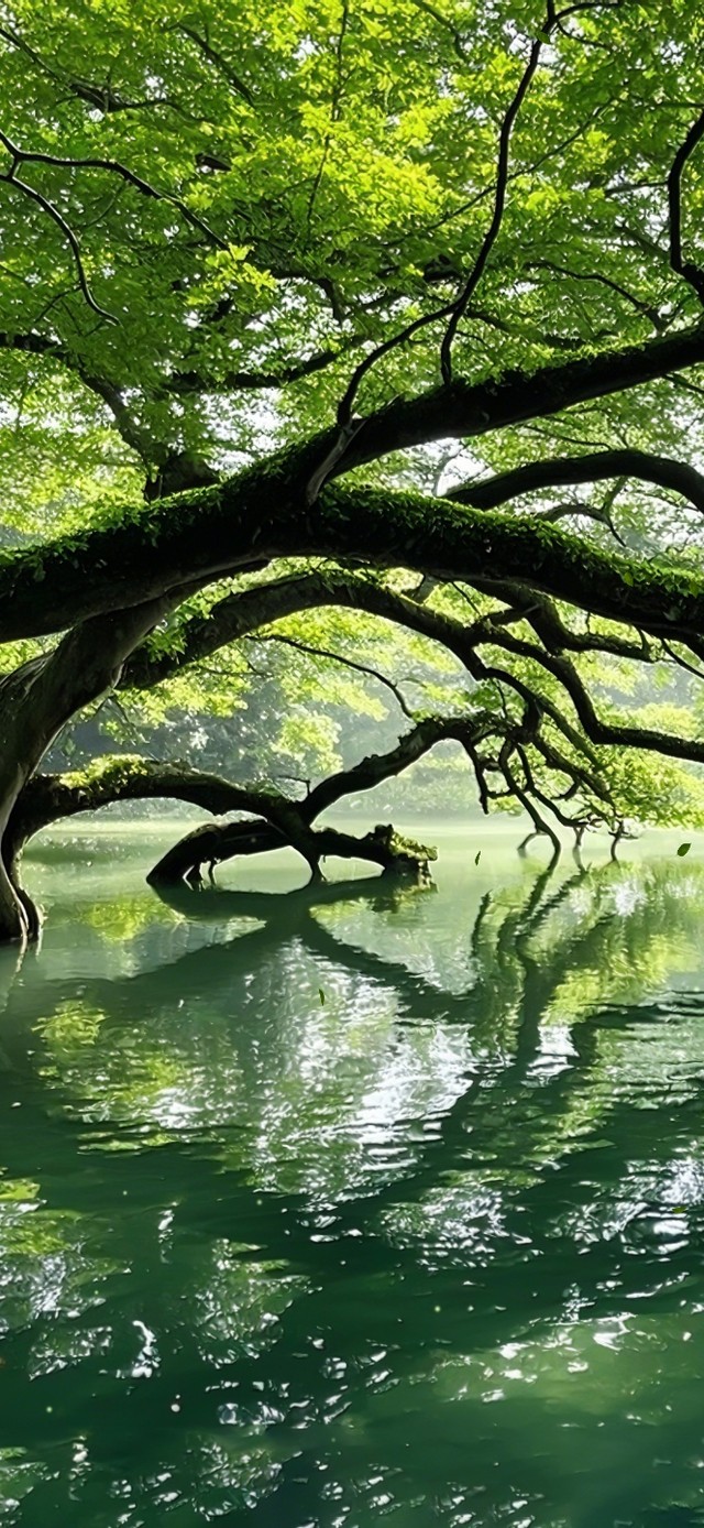 绿色大榕树湖水