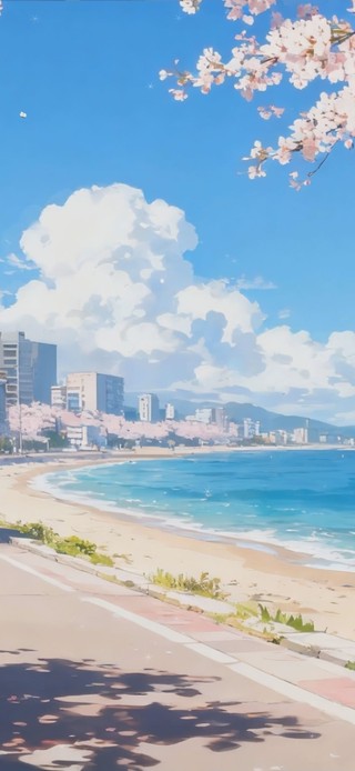 樱花树木房屋海景