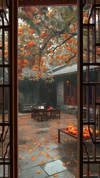 下雨天的柿子树