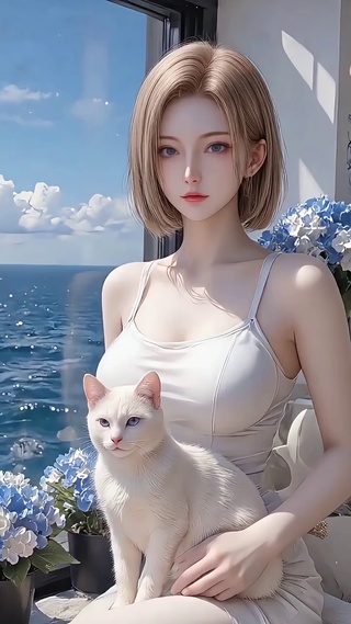 性感的女孩与猫