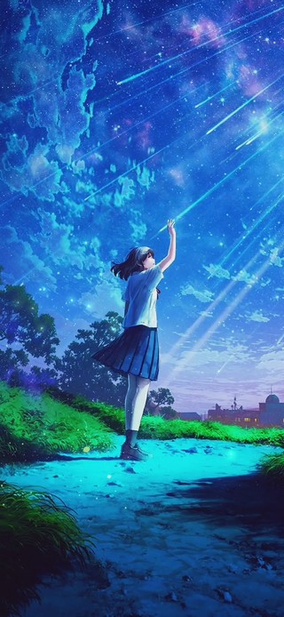 4K星空流星雨下的少女