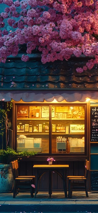 唯美夜晚樱花小店
