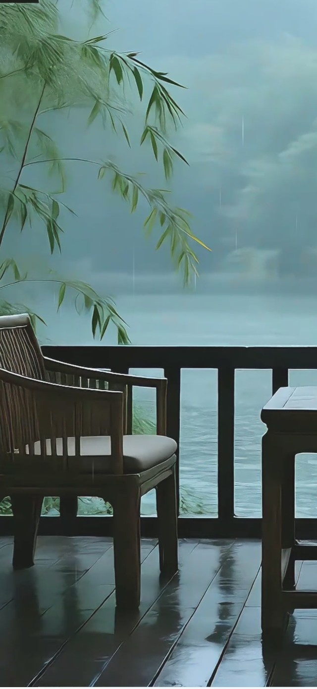 雨中湖边亭