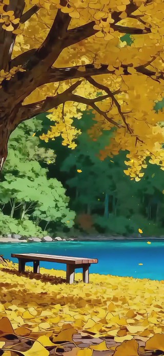 秋天银杏树湖畔