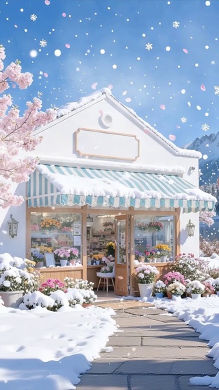 雪景樱花树木花店