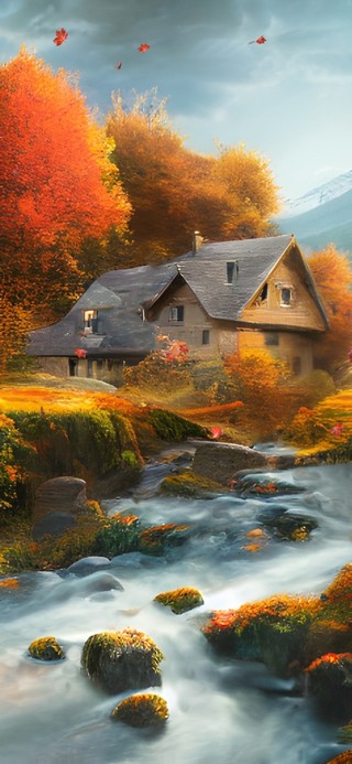秋天溪边小屋