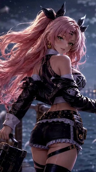 月夜海边粉发二次元美少女
