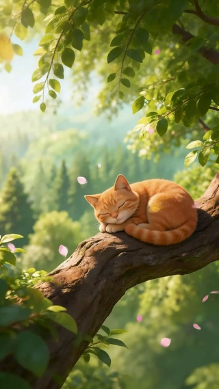 树杈上睡觉的小猫