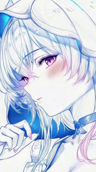 蓝调手绘线画少女守岸人