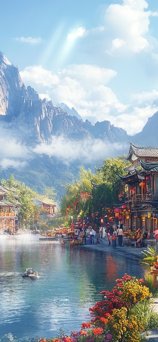 新年热闹气氛里的古镇风光