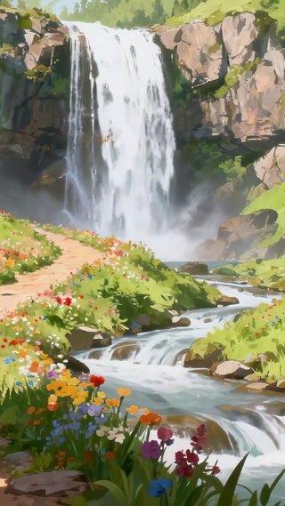 瀑流花径治愈山水田园的繁花交响