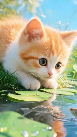 猫咪望着池塘鱼