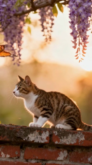 夕阳花墙萌猫戏蝶
