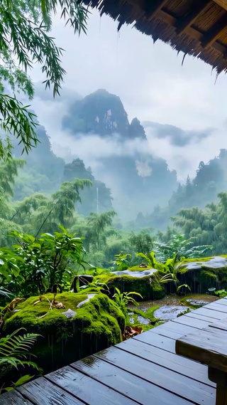 木屋雨天山水