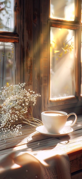 治愈阳光鲜花窗边咖啡